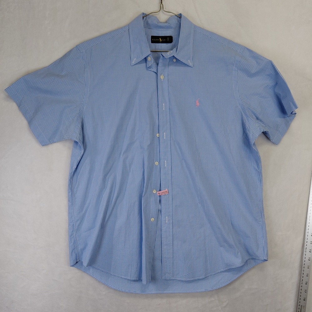 Ralph Lauren Mens XL Blue Gingham Short Sleeve Button Down Shirt Pink Pony Logo